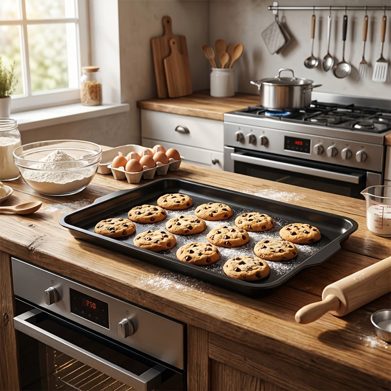Non Stick Baking Sheet Oven Tray, Heat Resistant, Easy Clean Rectangular Cookie Pan for Cookies, Cakes & Bread  Home Baking Essential