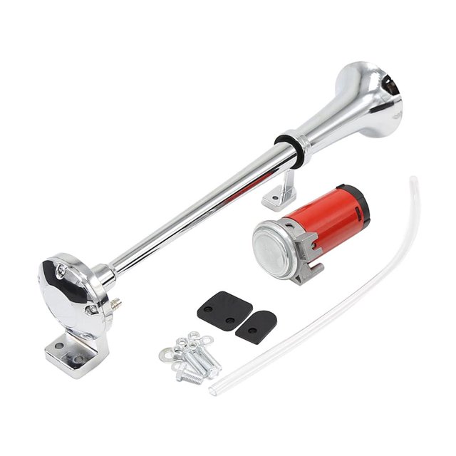bocina de trompeta de bomba eléctrica zulema 12v 150db para camión de coche trompeta simple cromada con compresor rojo, motor y accesorios sobre fondo blanco; acabado brillante, tubo plástico transparente, soportes y tornillería visibles, tamaño total aprox. 445x100x95mm, voltaje 12V, accesorio de sistema de aire para vehículo; también suele usarse en barcos o como bocina de emergencia por su volumen potente.