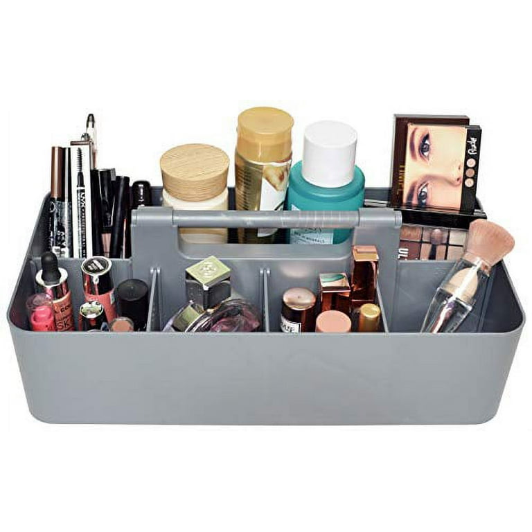 New Plastic Portable Makeup Organizer Caddy Tote Divided Basket Bin with Handle, for Bathroom Storage - Holds Blush Makeup Brushes, Made in USA