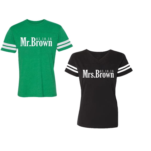 Mr. Mrs. Brown Unisex Couple Matching Cotton Jersey style T-Shirt Contrasting stripes on sleeves (Men Green / Women Black) (Men S / Women S)