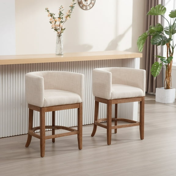 Guyou 26" Modern Counter Height Bar Stools Set of 2, Barrel Wooden Kitchen Island Chairs, Farmhouse Linen Upholstered Barstools for Restaurant Kitchen Bistro, Beige