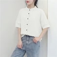 thumbnail image 2 of Cmfcve Women's Summer Tee Shirt Classic Button Gauze Blouses Round Neck Short Sleeve Business Work Tops, 2 of 5