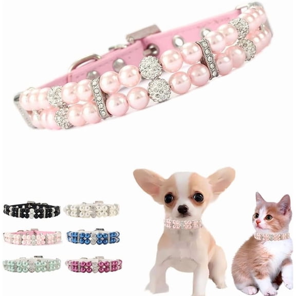 Pink Pearl Dog Collar, XS Dog Collar Girl Puppy Collars Crystal Fancy Bling Pearl Cat Collar Rhinestone Luxury Beaded Necklace Diamond Pet Jewelry for XXS XS Small Medium Female Dogs, XS