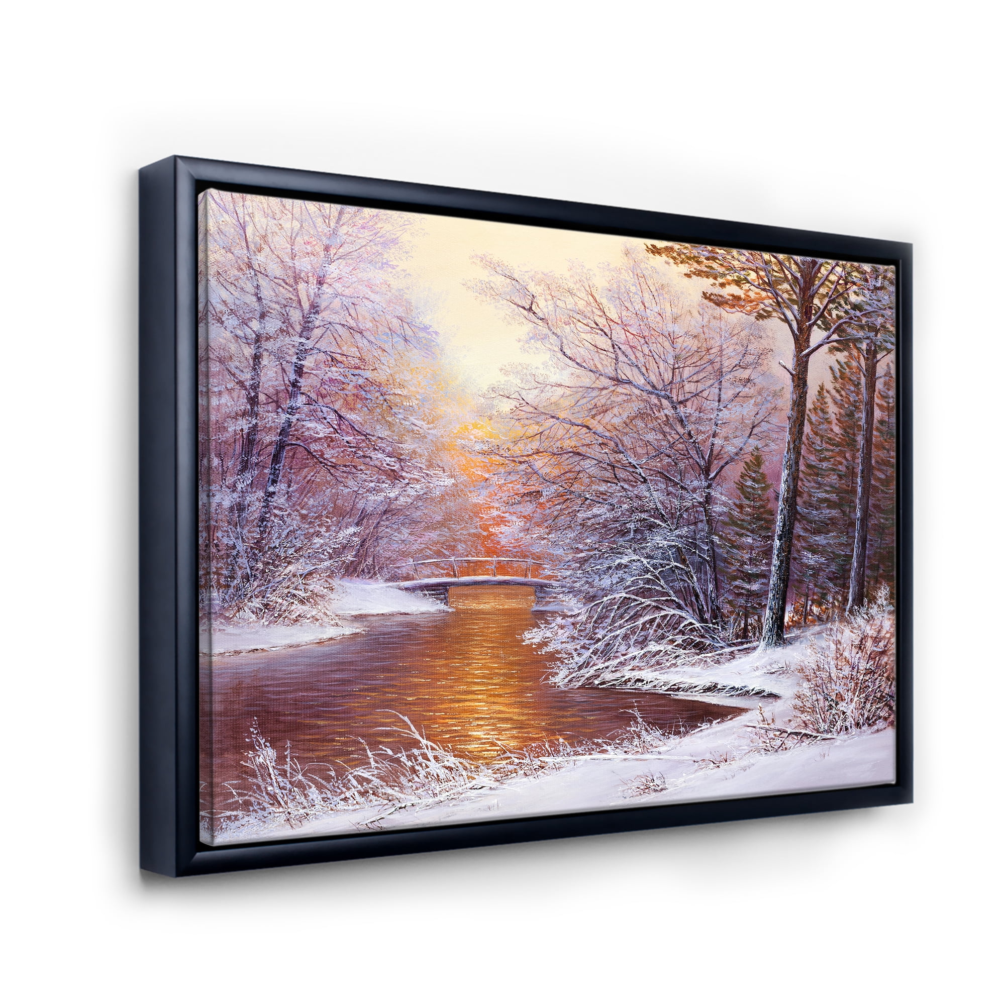 Designart 'Christmas Forest With Trees and River II' Traditional Framed Canvas Wall Art Print