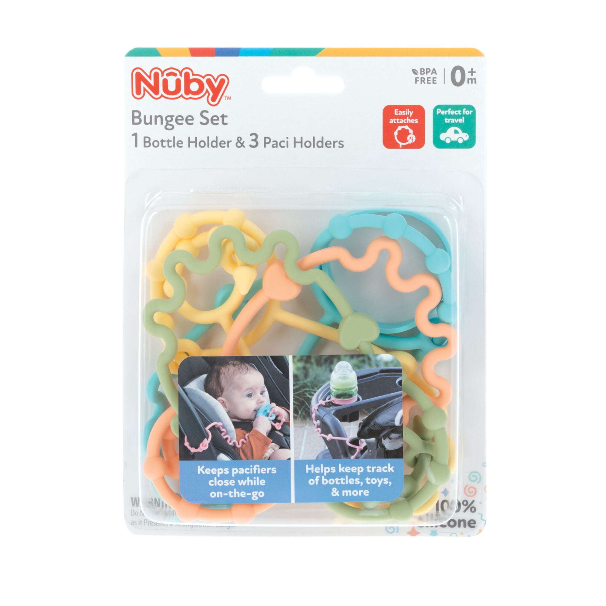 Nuby 4pk Bungee Tether Set for Toys, Pacis, Cups, & Bottles