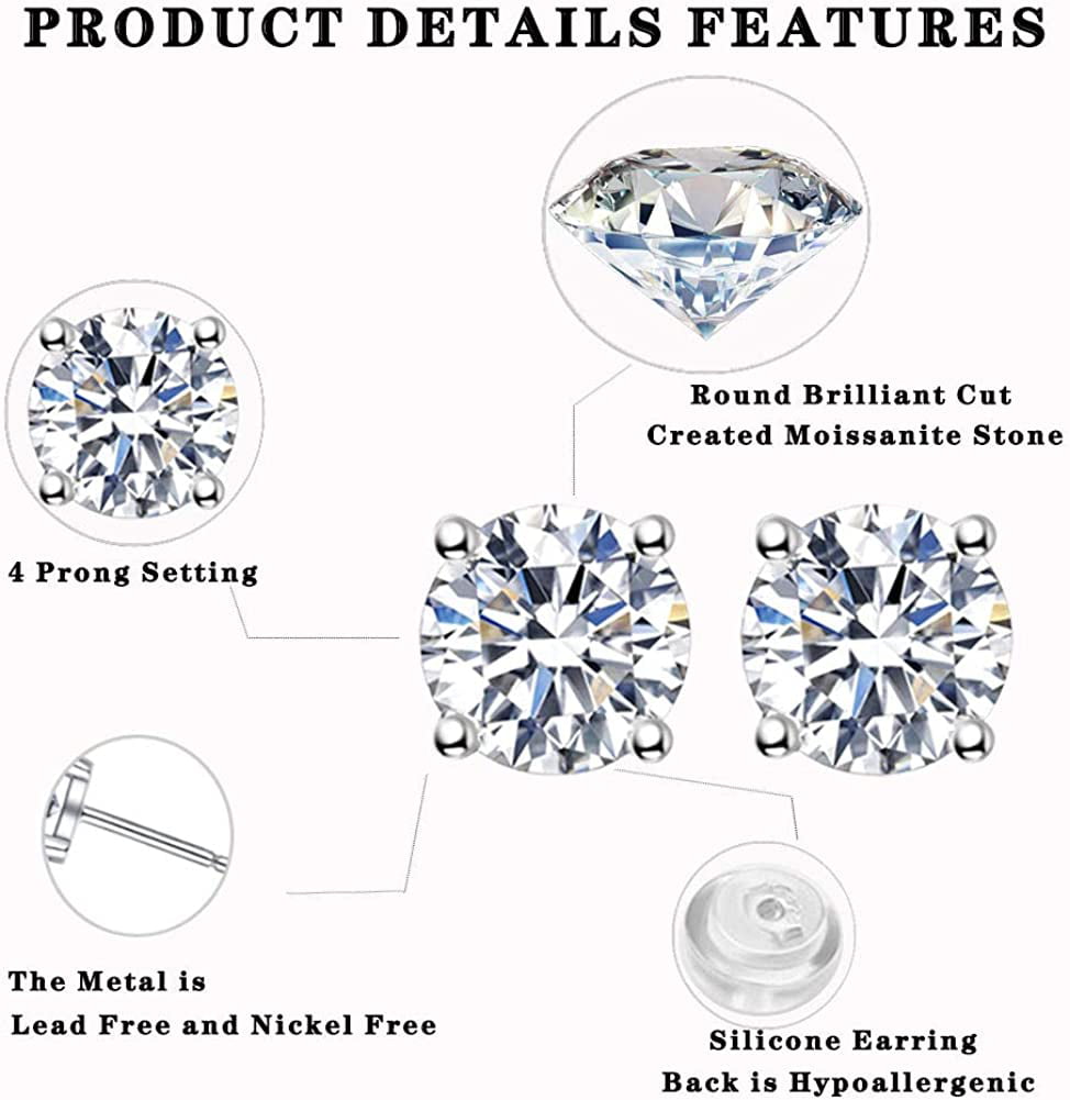 Moissanite Stud Earrings, 0.4ct-2ct DF Color Brilliant Round Cut Lab  Created Diamond Earrings 18K White Gold Plated 925 Sterling Silver Friction  Back