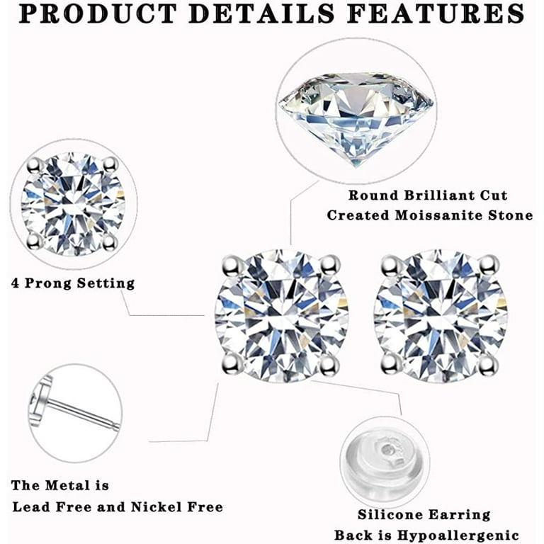 Moissanite Stud Earrings, 0.6ct-2ct DF Color Brilliant Round Cut Lab  Created Diamond Earrings 18K White Gold Plated Silver Friction Back for  Women Men