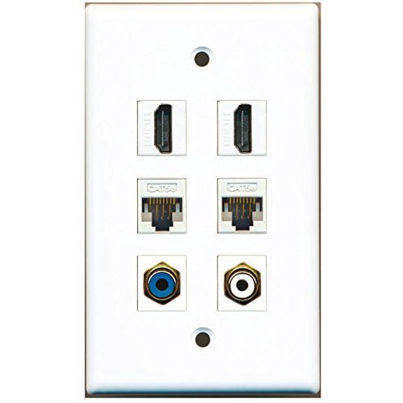 RiteAV - 2 HDMI 1 Port RCA White 1 Port RCA Blue 2 Port Cat5e Ethernet White Wall Plate