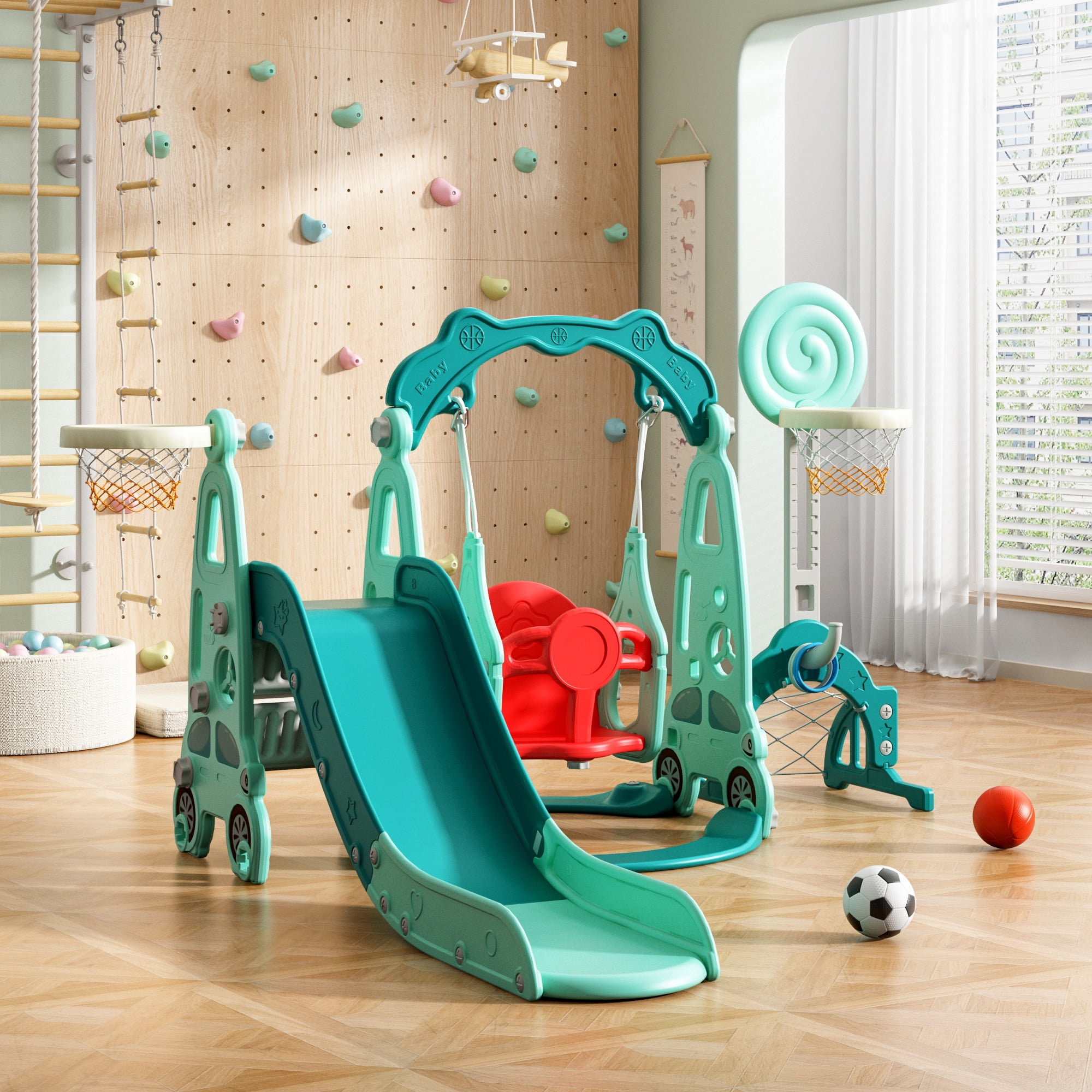NYEEKOY 5 in 1 Toddler Slide and Swing Set, Indoor and Outdoor Kids Playset with Slide, Swing, Climber, Basketball Hoop and Ring Toss Game, Kids Slide and Swing Playground for Toddlers Age 1-8