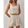 thumbnail image 4 of Womens 2 Piece Outfits Lounge Matching Sets Two Piece Linen Shorts Crop Tops Trendy Clothes Summer Vacation Set Khaki L, 4 of 7