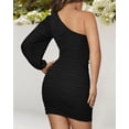 thumbnail image 2 of Femmes une Épaule Froncée Bodycon Mini Robe Puff Manches Longues 2023 Printemps Été Club Party Cocktail Robes Courtes, 2 of 6