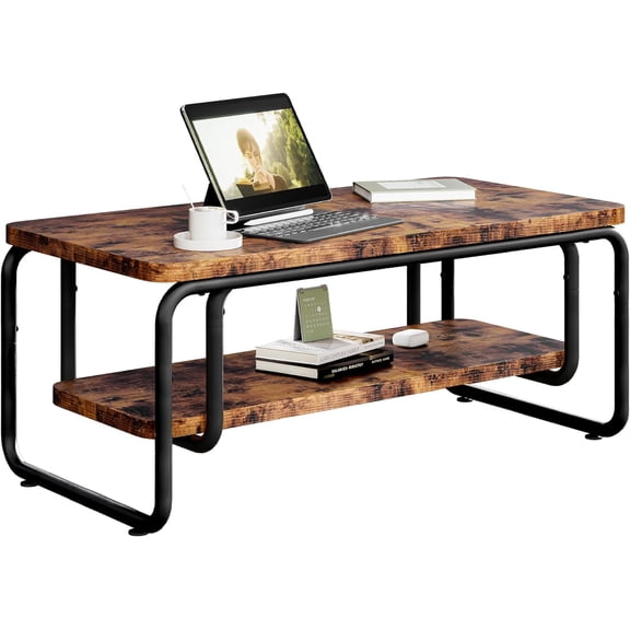 47" Coffee Table, Rectangle Coffee Table with 2-Tier Storage and Rounded Corner, Center Table for Living Room, Home Office, Rustic Brown, Easy Assemble