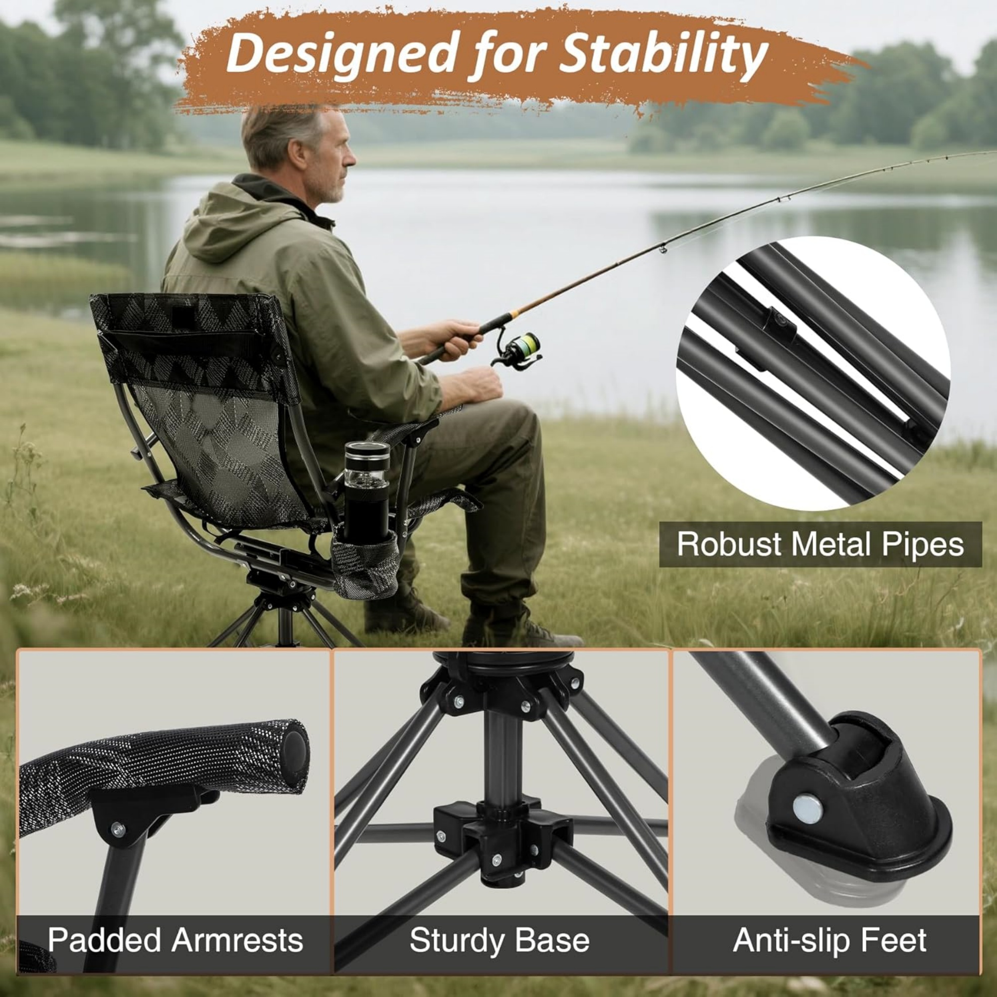 RedSwing 360° Swivel Hunting Chairs for Ground Blinds, Portable Folding Camping Chairs for Adults Hunting Seats with Hard Arms for Outdoor Fishing Camping