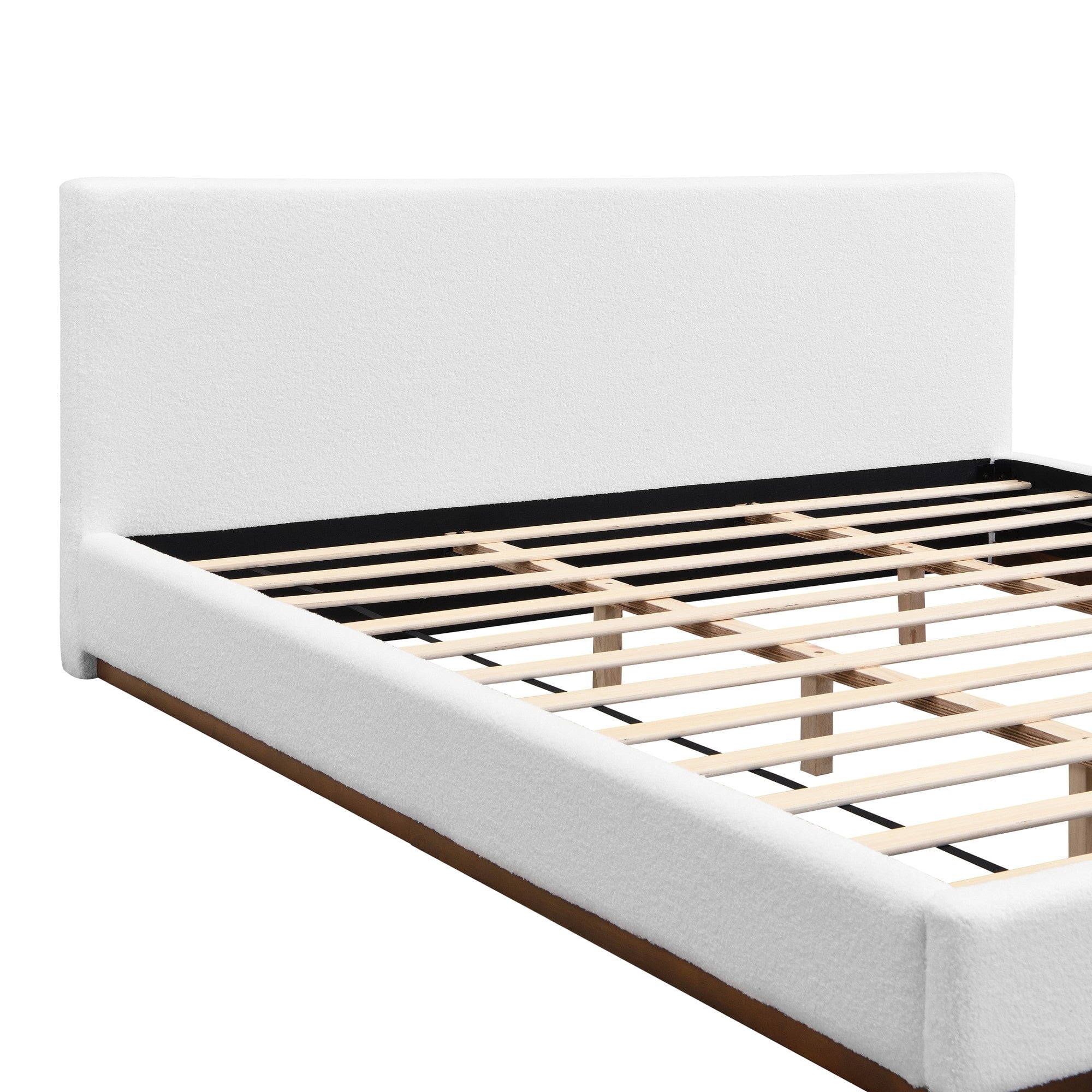 Sailvan King Upholstered Platform Bed Frame with Solid Wood Base,Elegant White Fabric Bed with Wood Grain Texture,Sturdy Slat Support,White