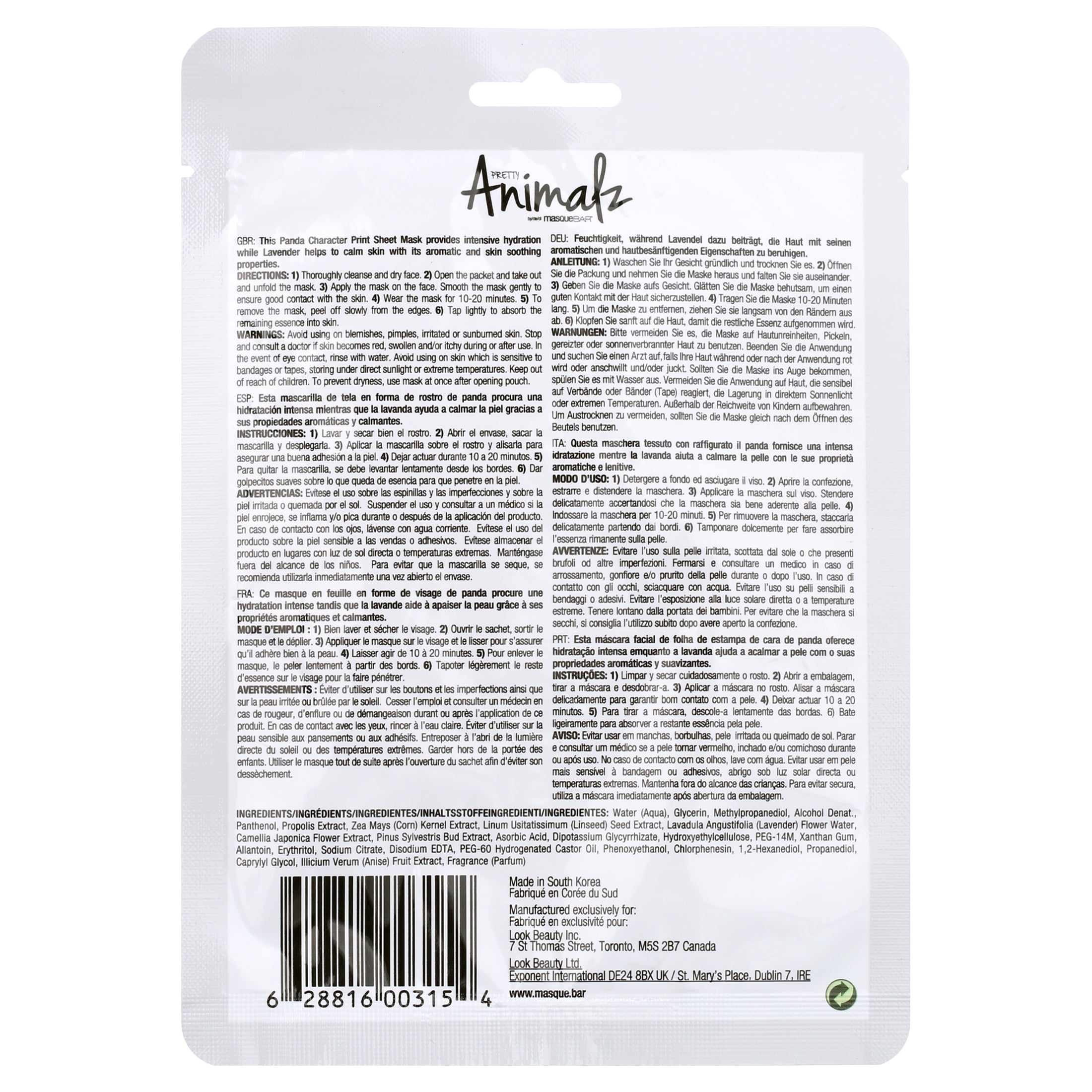 Pretty Animalz Panda Calming Sheet Mask - 1 Mask / 21 ml / 0.71 US fl oz.