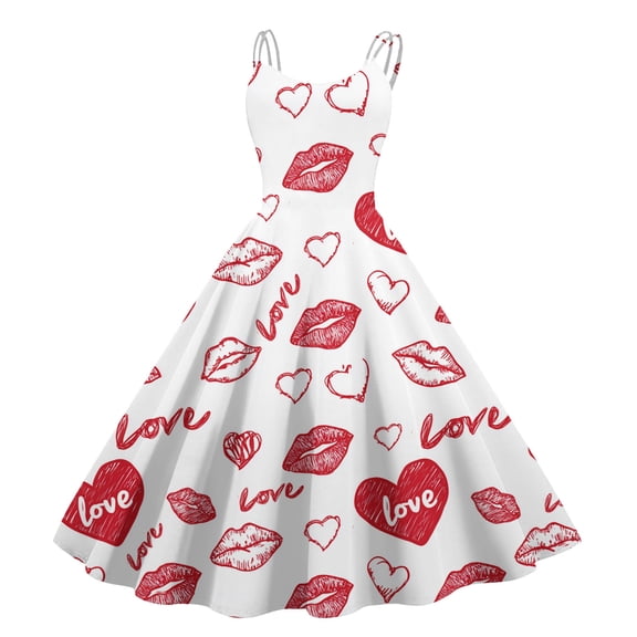 Valentine's Day Dress for Women Sleeveless Spaghetti A Line Strap Dresses Print Casual Scoop Neck Midi Summer Sundress Watermelon Red 2XL