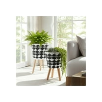 Set of 2 Geometric Planters on Stands - Resin & Wood Mid-Century Modern Plant Pots for Indoor/Outdoor Home & Garden Decor - 12" & 10", Black & White G