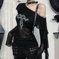 thumbnail image 4 of Off Shoulder Tops for Women Gothic Cross Print Long Sleeve Y2K Summer Tees Boat Neck Basic Casual Button Up Shirts, 4 of 7