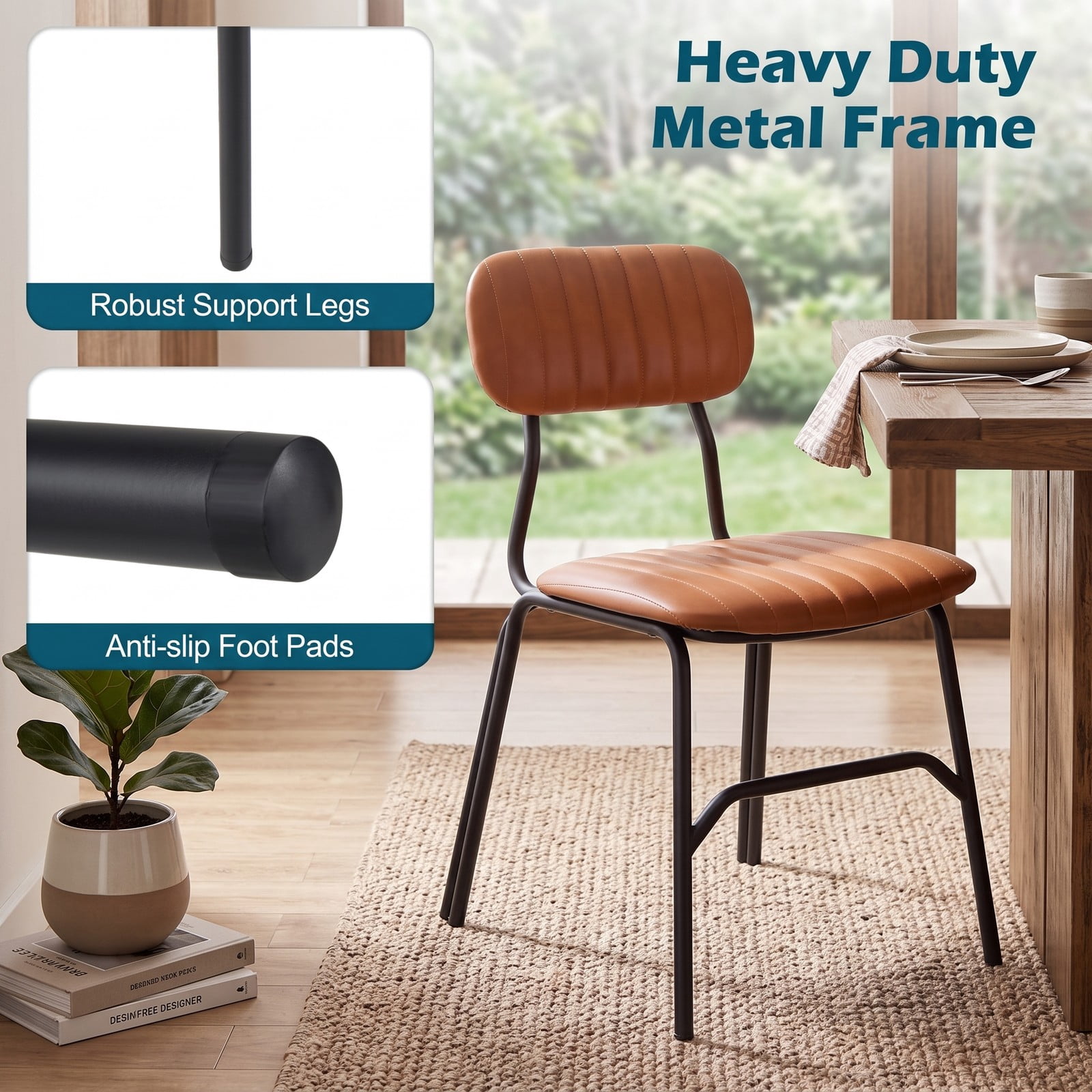 Furnibear Set of 2 Modern Dining Chairs, Upholstered PU Leather Kitchen Side Chairs with Ergonomic Backrest, Metal Legs, Rivet & Embellished Edges, 350 lb, Brown