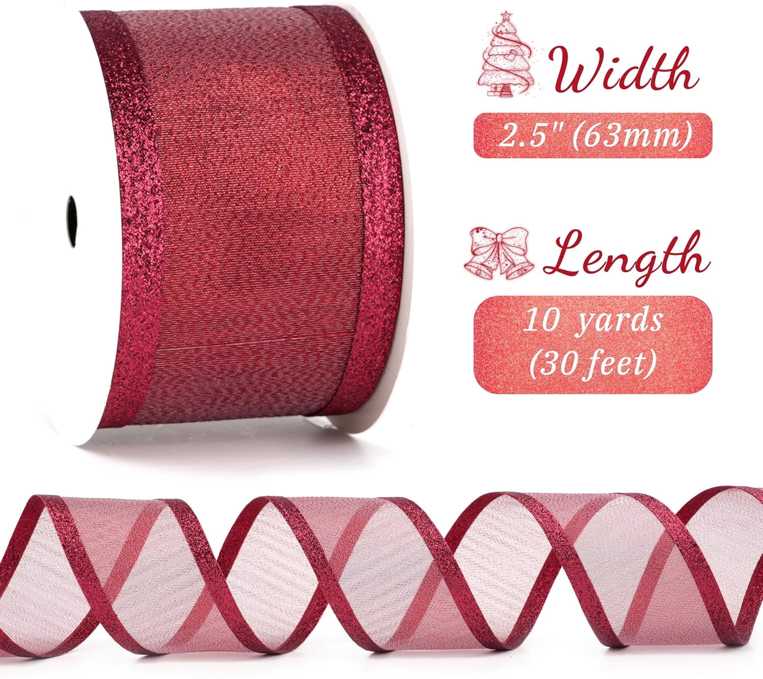 Burgundy Christmas Ribbon Wired 2.5 Inch Metallic Red Wired Ribbon with Glitter Stripe, Maroon Ribbon for Christmas Tree, Wreaths Supplies, Swag, Garland, Holiday Decor - 10 Yards