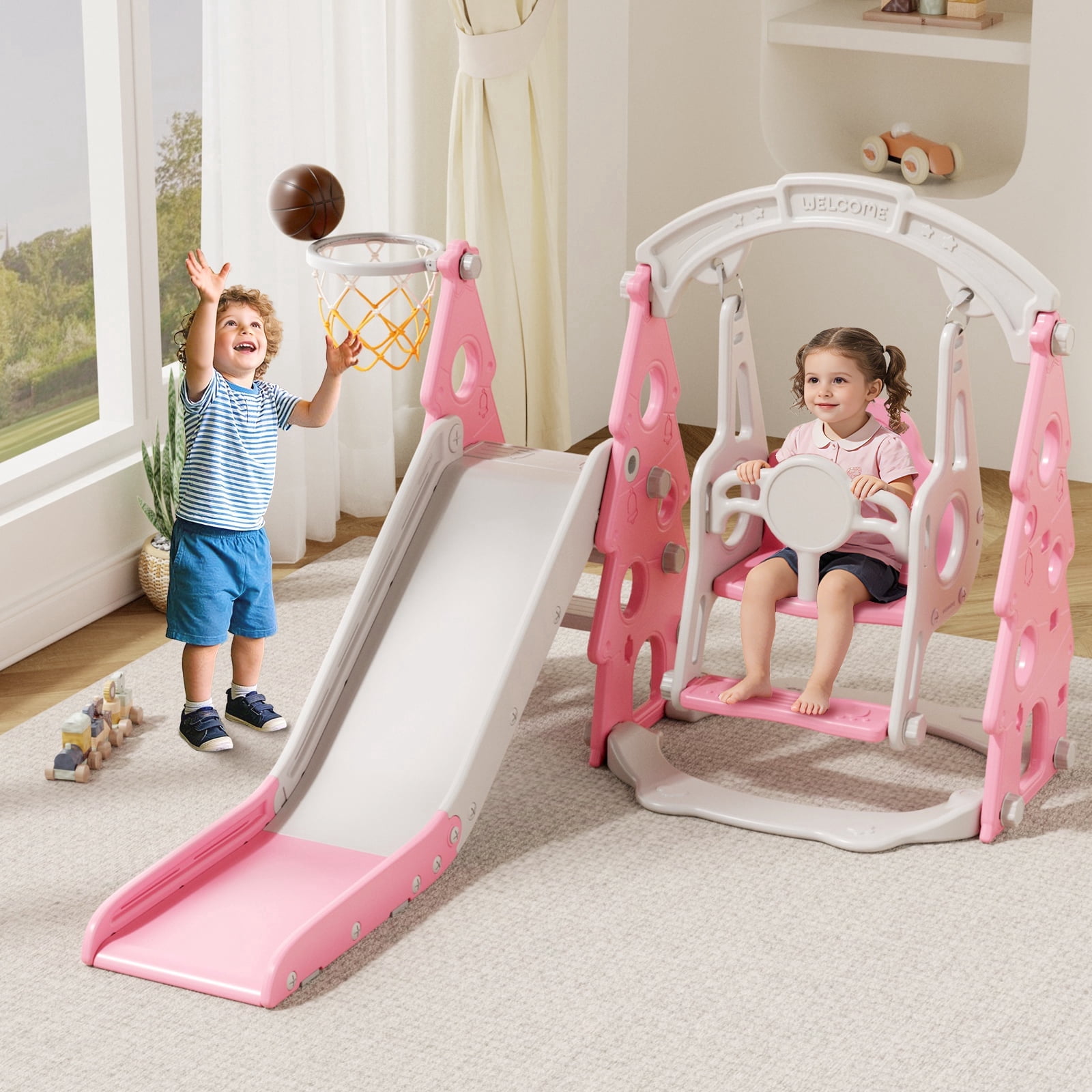 XJD 4-in-1 Toddler Slide and Swing Set, Kids Indoor Outdoor Playset with Basketball Hoop, Backyard Playground for Toddlers 1-3 Years Old, Pink