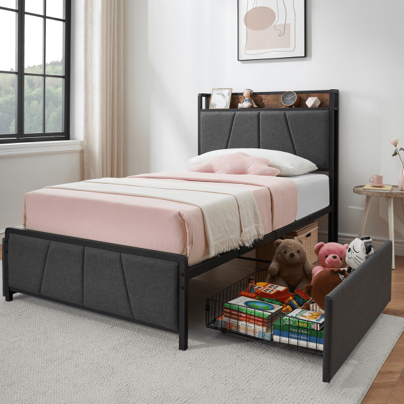 YUSAZENS Twin Size Upholstered Bed Frame with 2 Storage Drawers & Charging Station, Linen Platform Bed, No Box Spring, Grey