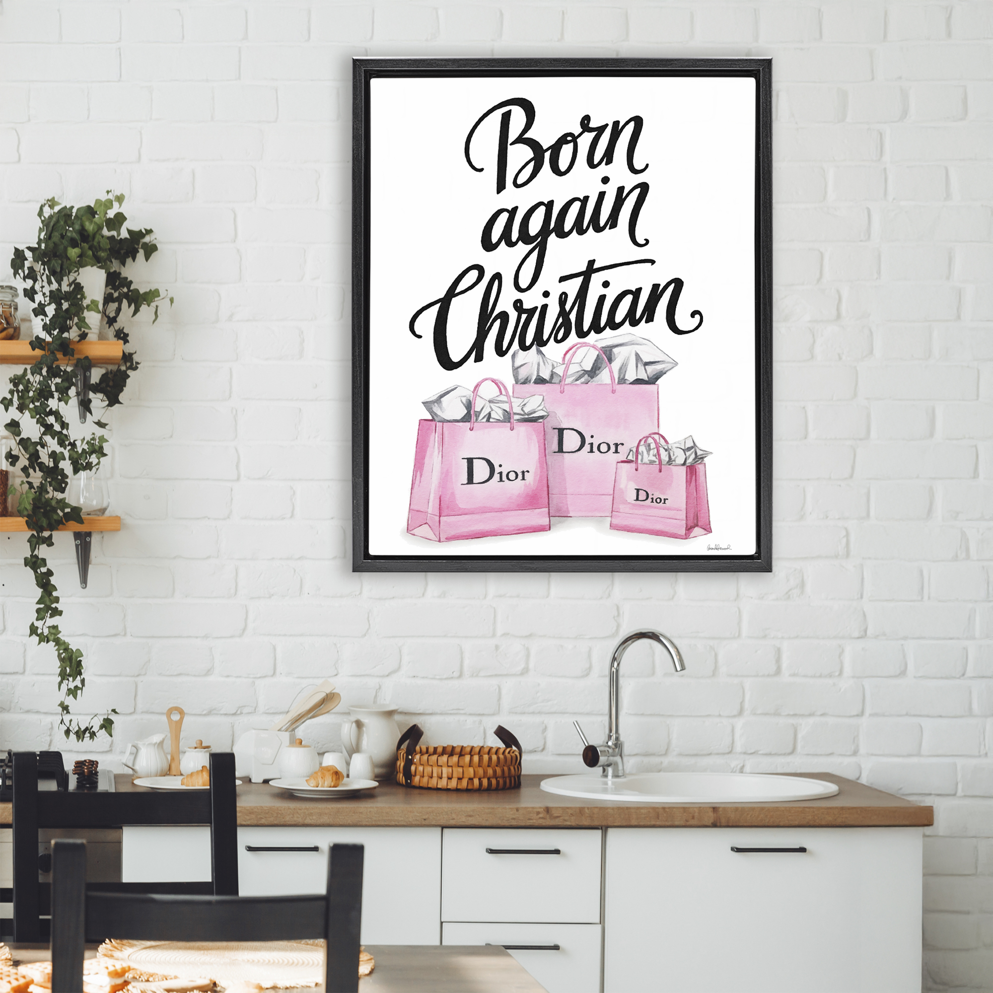 Pink Bags Born Again Christian Black Framed Floater Canvas Wall Art, design by Amanda Greenwood
