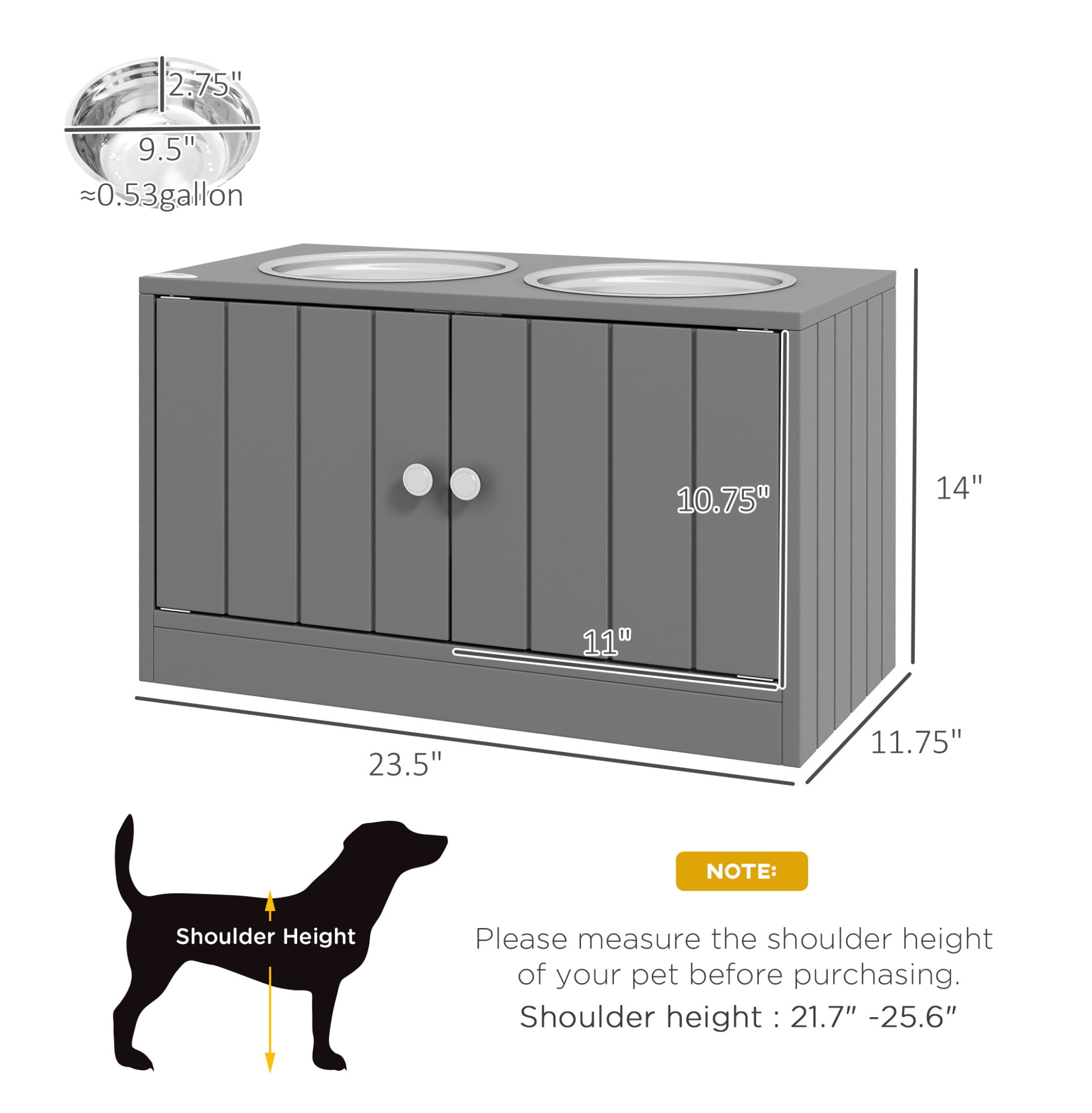 Dog Bowls with Storage Cabinet - 44L Capacity - Elevated Feeder for Large Dogs - Gray
