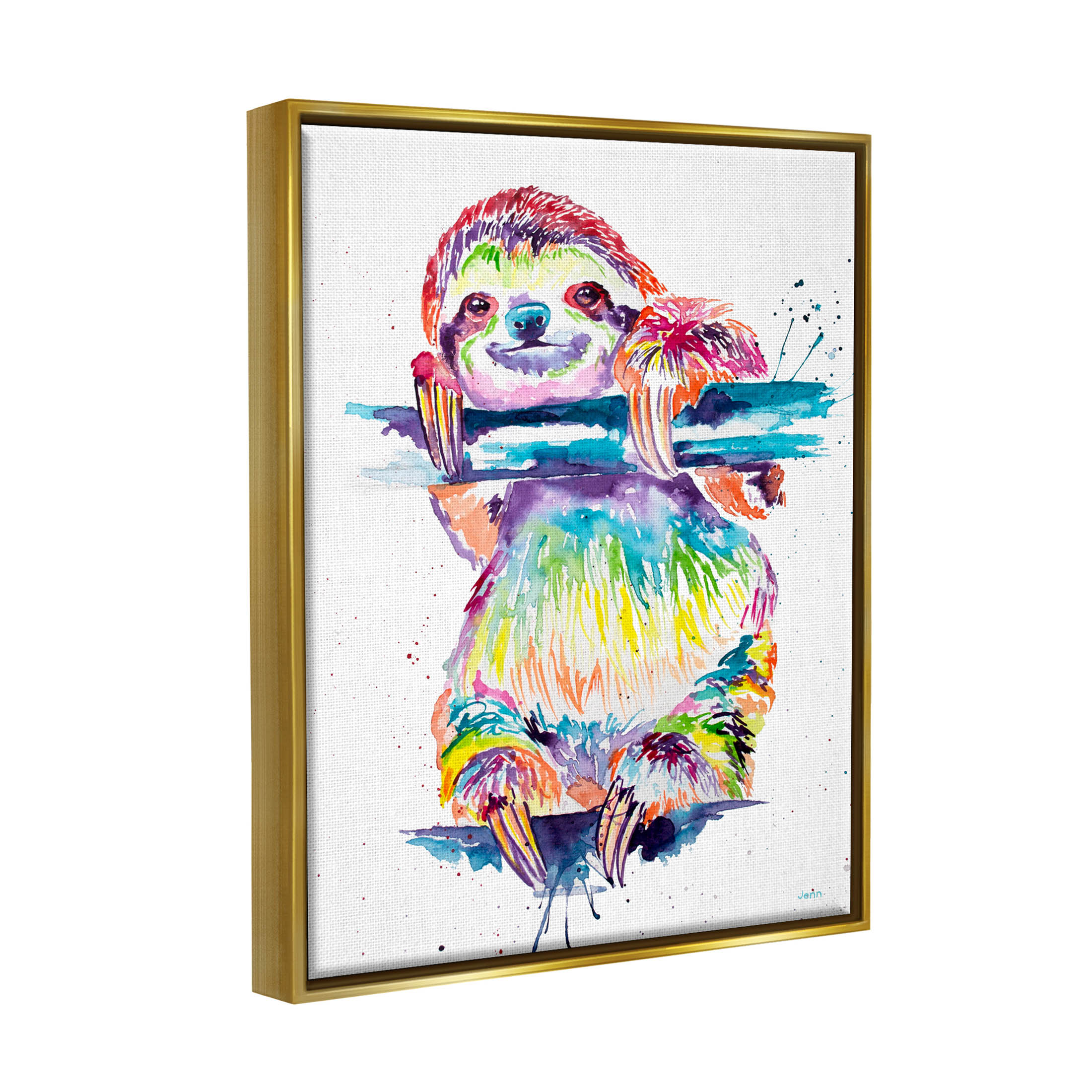 Fun Rainbow Sloth Wildlife Animals & Insects Graphic Art Metallic Gold Framed Art Print Wall Art