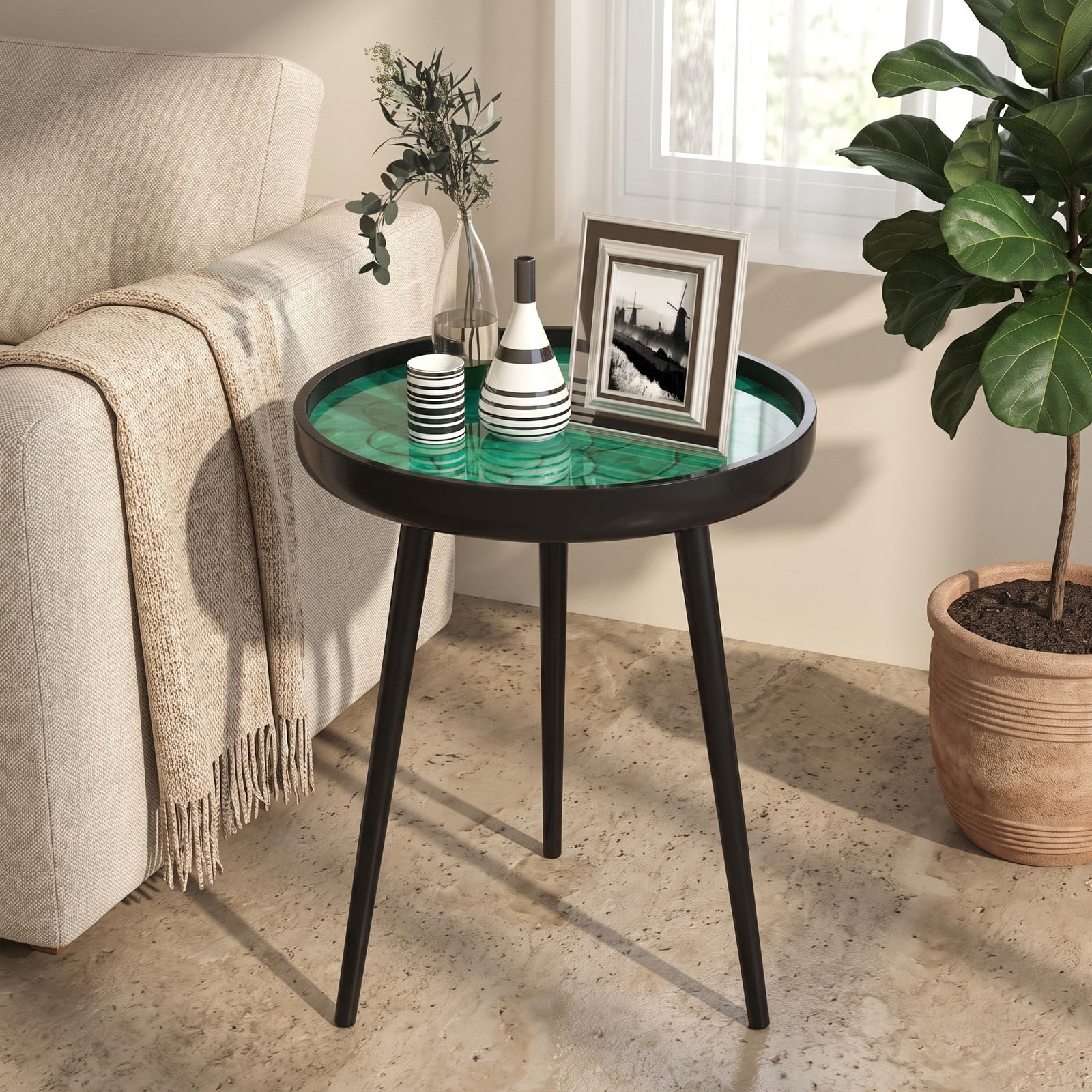 Furnibear 16 Inch Mid-Century Modern End Table, Handmade Sea Shell Accent Side Table with Epoxy Resin Waterproof Tray Top and Mahogany Wood Legs for Living Room, Green