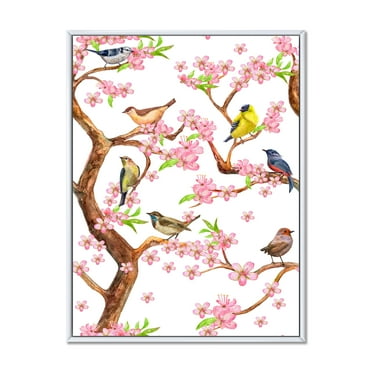 Designart 'Colorful Little Birds On Spring Flowers Tree' Traditional Framed Canvas Wall Art Print