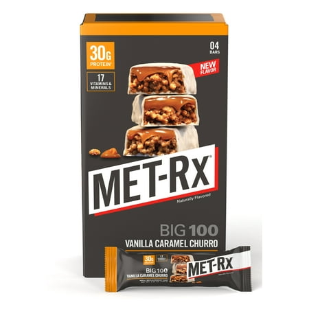MET-Rx Big 100 Protein Bars, Vanilla Caramel Churro Bars, 30g Protein, 4 Ct