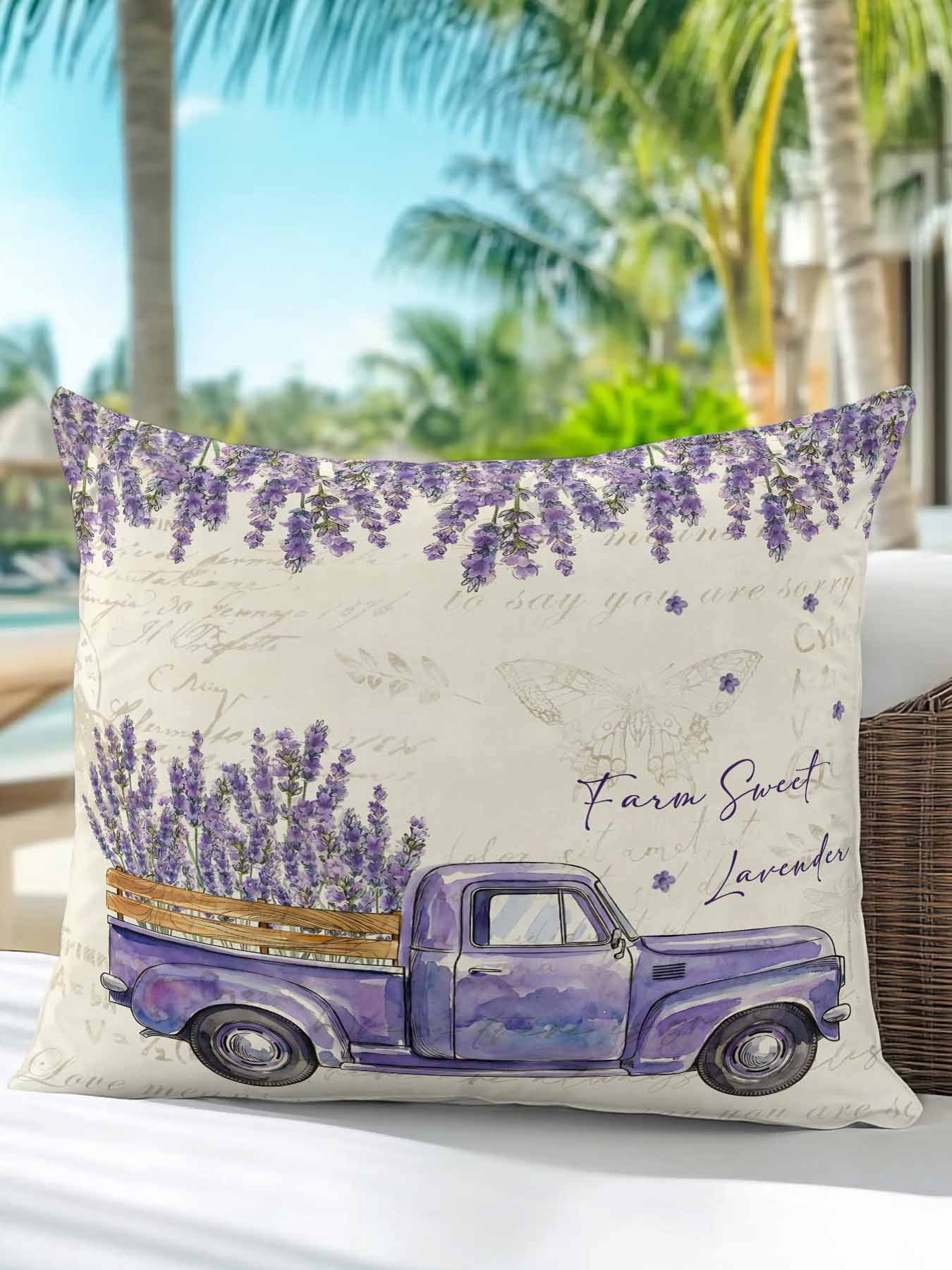 1 Pack Outdoor Throw Pillow, Spring Floral Waterproof Pillow with Insert Included, Purple Lavender Truck Flowers Botanical Beige Decorative Accent Cushion Sofa Pillows for Patio Porch, 18 x 18 In