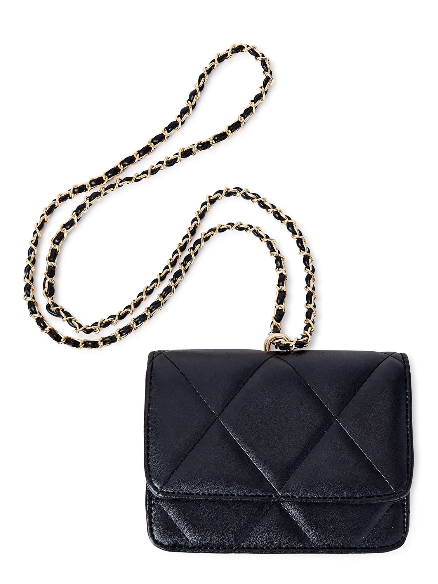 Jane & Berry Women's Small Quilted Faux Leather Crossbody with Faux Leather Chain Strap, Black
