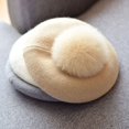 thumbnail image 2 of Gorro de boina con pompón de piel de zorro real de invierno para mujer, gorro de cachemira cálido tejido de lana, Beige, 2 of 4
