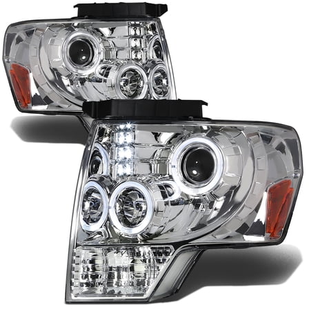 NUVISION for 09-14 Ford F150 Pickup LED Halo Rings Projector Headlight Chrome/Amber