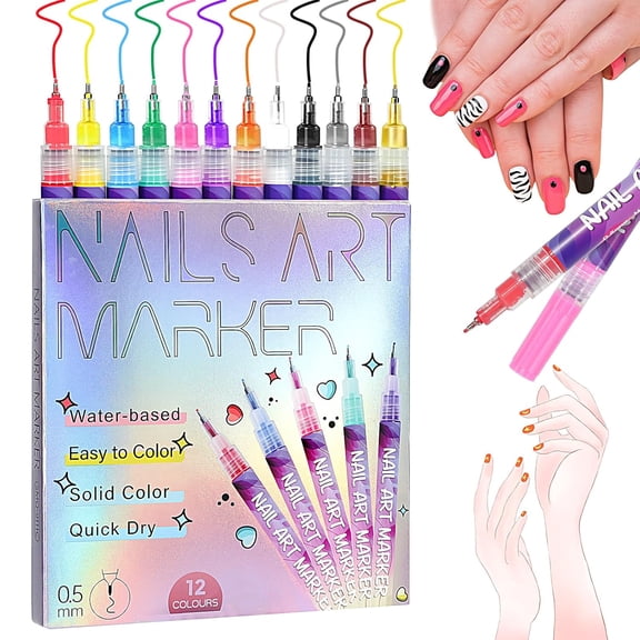 XAOUS 12-Color Nail Art Pen Set – 0.5mm Ultra-Fine Tip 3D Acrylic Pens; Waterproof, Quick-Drying Pens for Dotting, Doodling, and Detailing; DIY Nail Art Tools Ideal for Beginners and Home Use.
