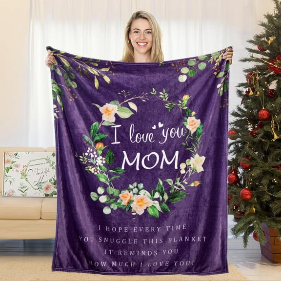 Mom Blanket for Birthday from Daughter and Son, Super Soft, Warm and Comfy Blanket for Mother, I Love You Mom Blanket Flower Women Throw Blanket 60" x 50", Purple