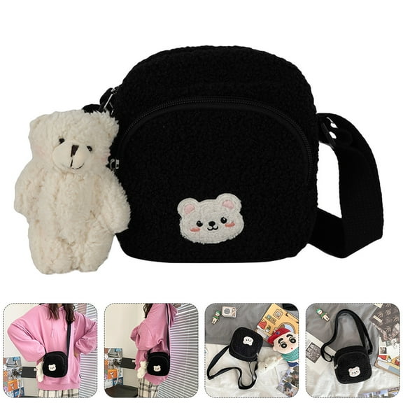 Milisten 1Pc Black Lamb Wool Crossbody Bag Fashion Shoulder Bag for Woman Creative Plush Bear Design