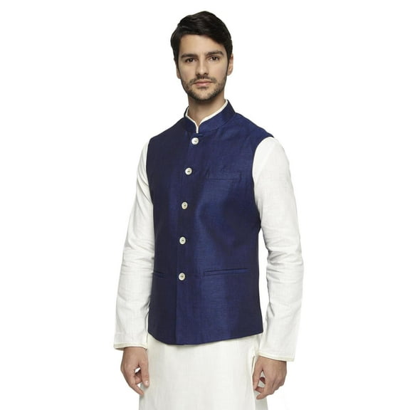 Ethnix Men's Handmade Banded CollarPure Cotton Linen Nehru Jacket Vest; Navy Blue; S