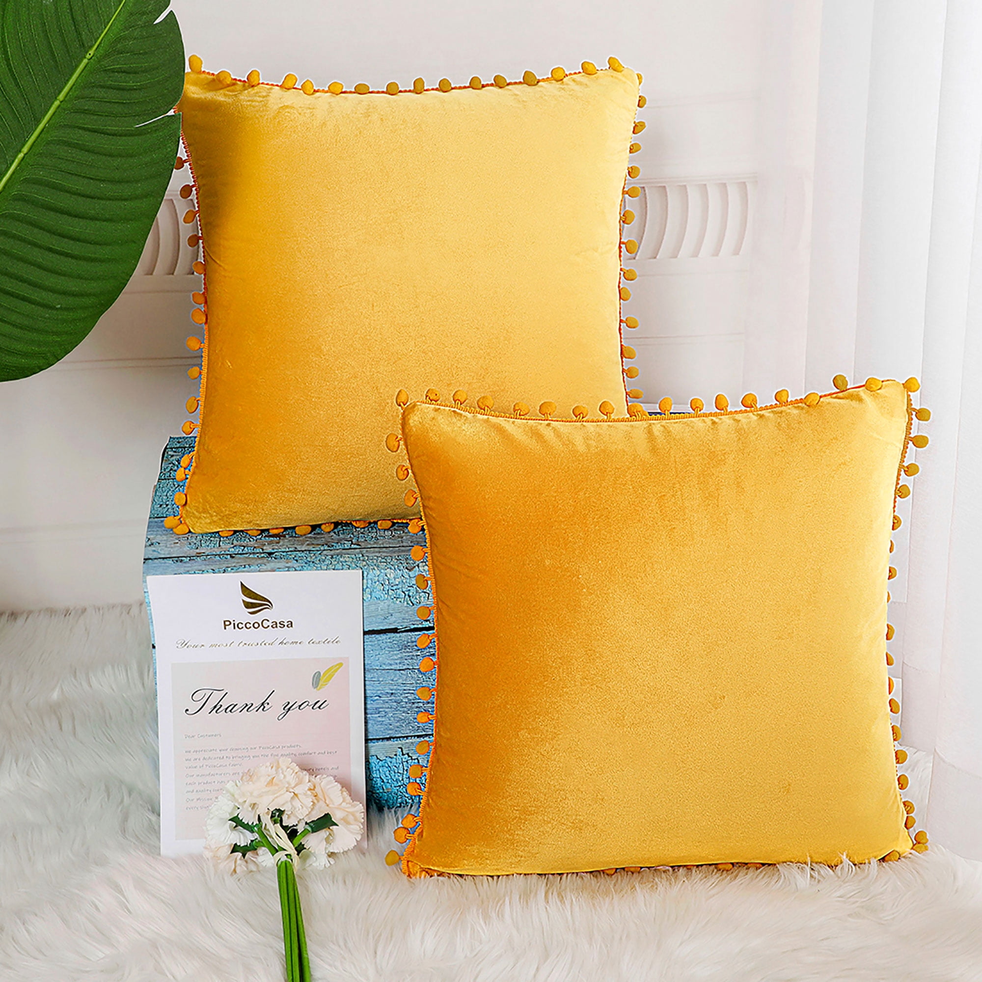 Unique Bargains Velvet Pillow Cover with Pompoms for Sofa 2PCS Golden Yellow 18x18Inch