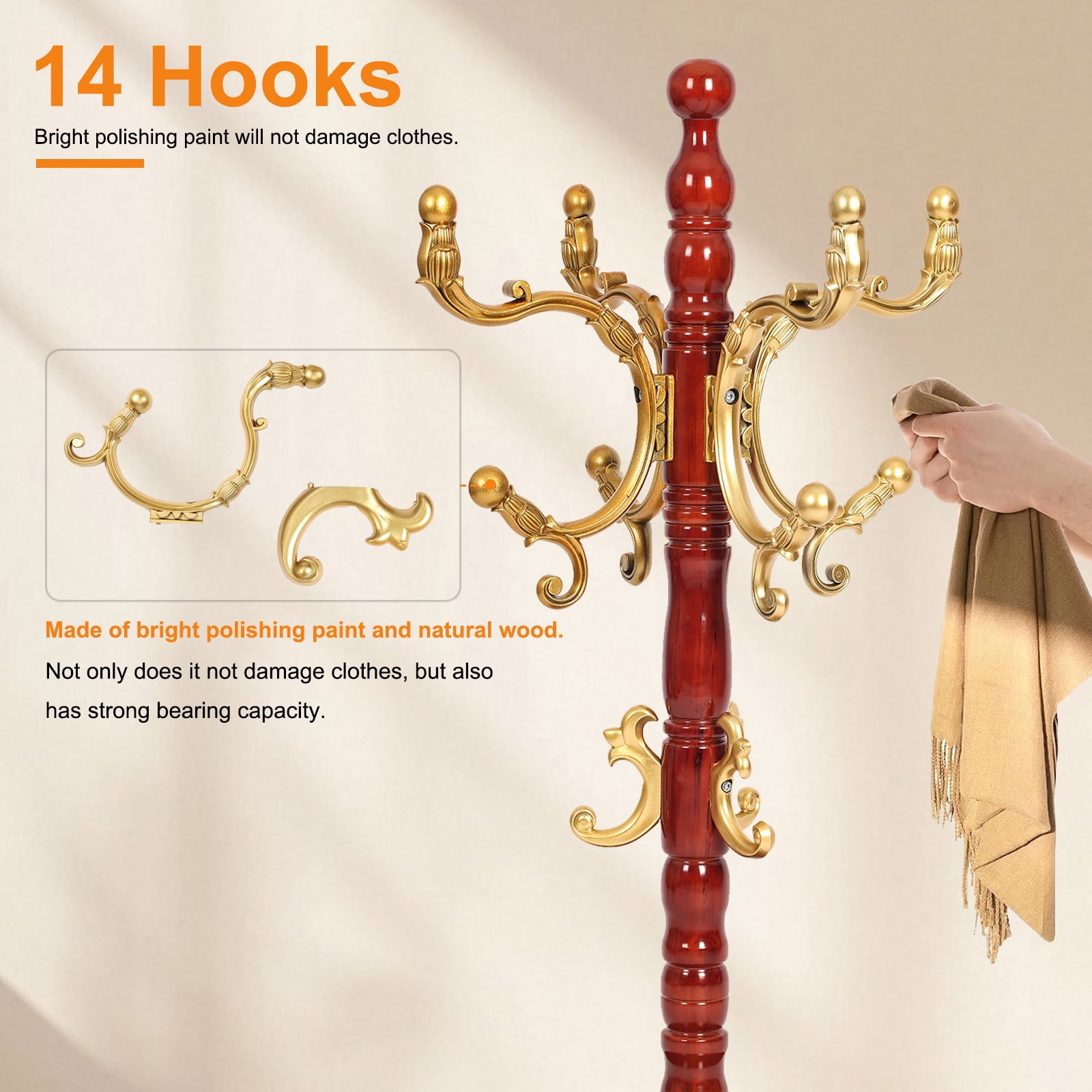 Freestanding Wooden Coat Rack, Vintage Natural Birch Wood Coat Tree with Hooks, Sturdy Hall Tree for Entryway & Office