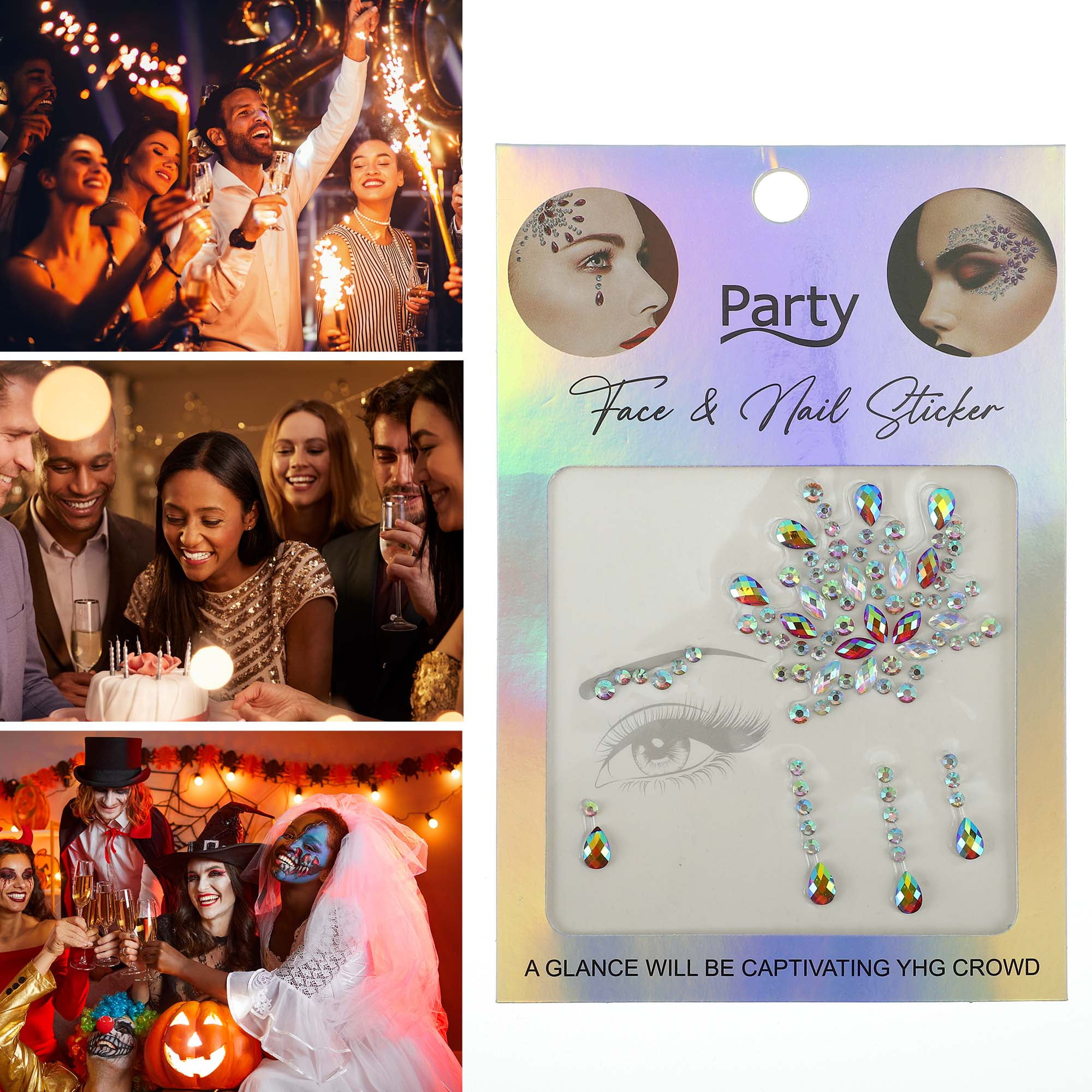 NOMADIC NOOK Eye-catching Face Rhinestone Stickers White Purple Red 2 Pcs
