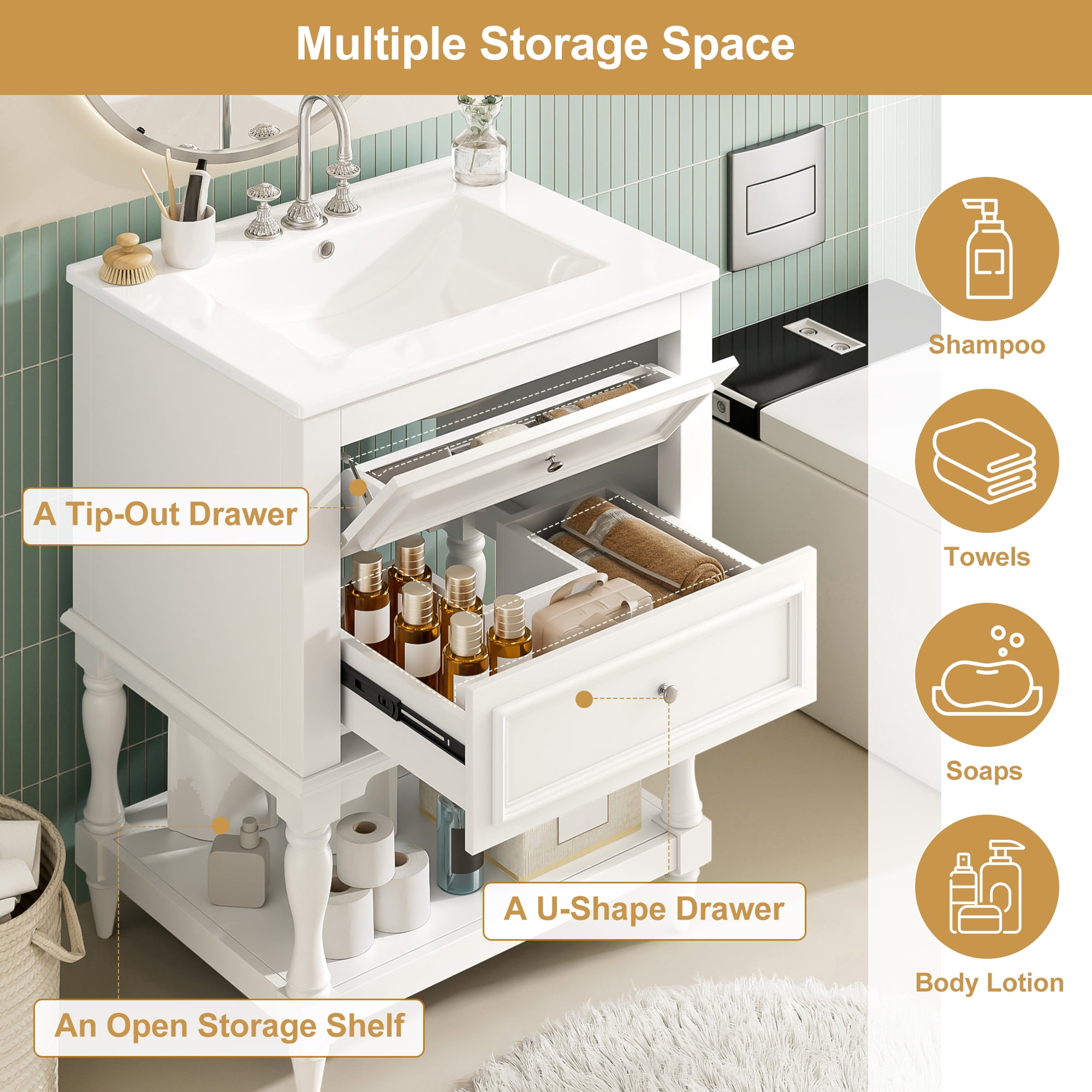 24" Bathroom Vanity with Ceramic Sink, Retro Design Storage Cabinet with 2 Drawers and Open Shelf, for Bathroom, White