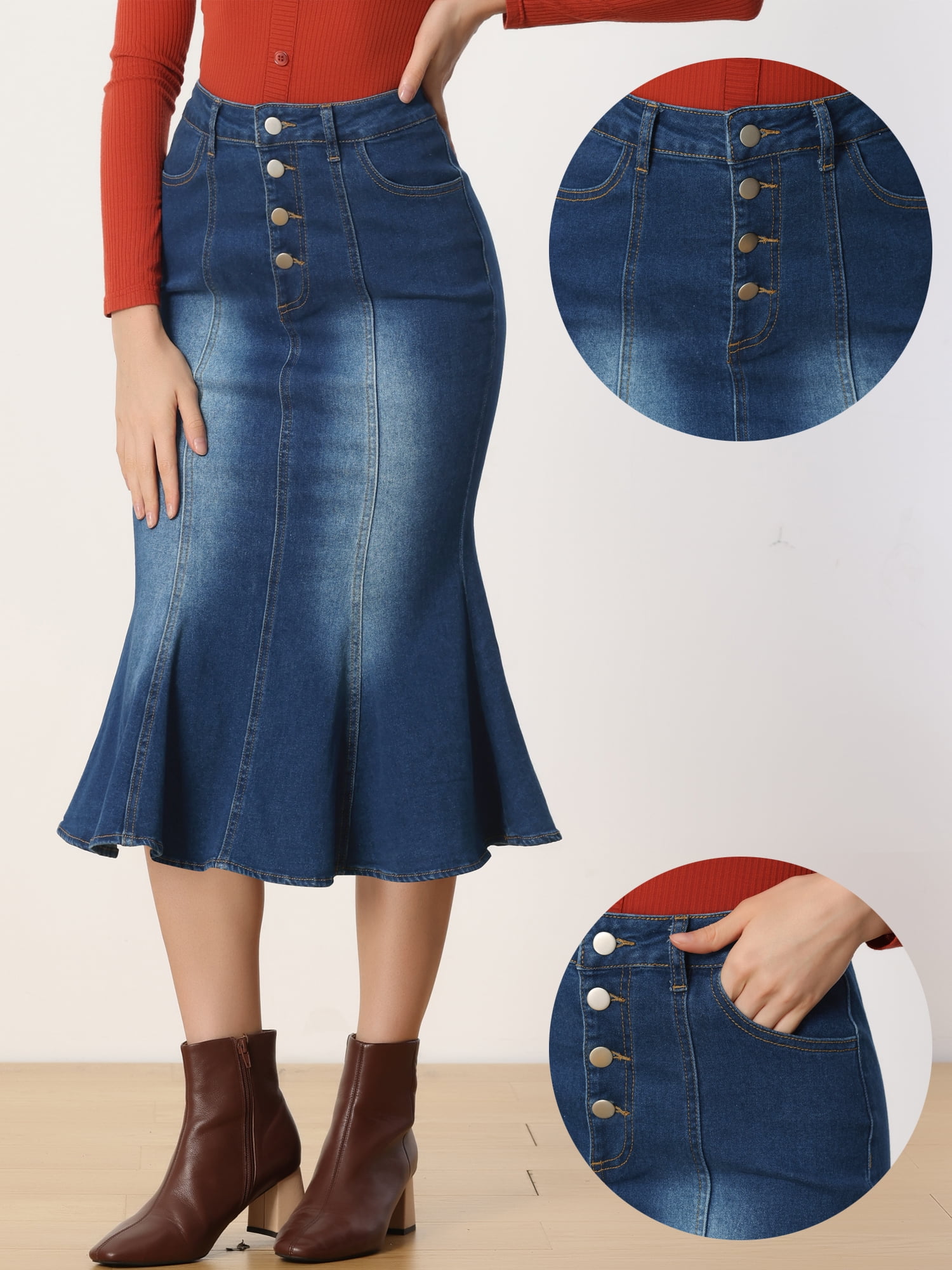 DARING DIVA Women's Soft Elegant Washed Fishtail Casual Midi Denim Skirt S Blue