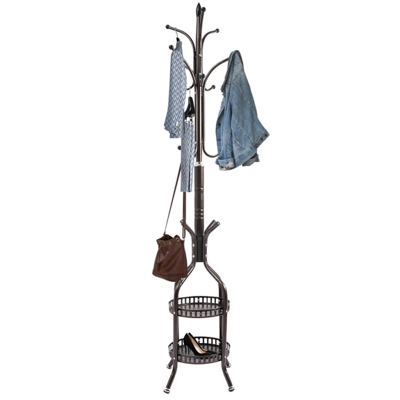 ToppiJoy Metal Coat Rack Stand, Multifunctional Coat Rack Hat Hall Tree with 2 Layer Basket and Practical Feet, for Hallways, Living Rooms, Bronze