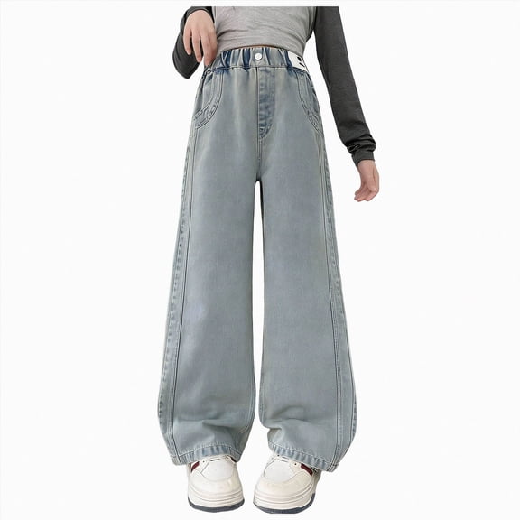 TOWED22 Girls Jeans Baggy Wide Leg Cute Teen Tween Long Denim Pants Clothes Tall Junior Elastic Band Pockets,Blue,15-16 Y