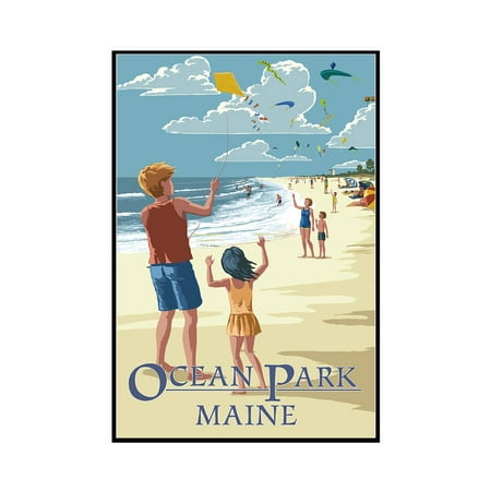 Ocean Park, Maine - Kite Flyers - Lantern Press Artwork (12x18 Framed Gallery Wrapped Stretched