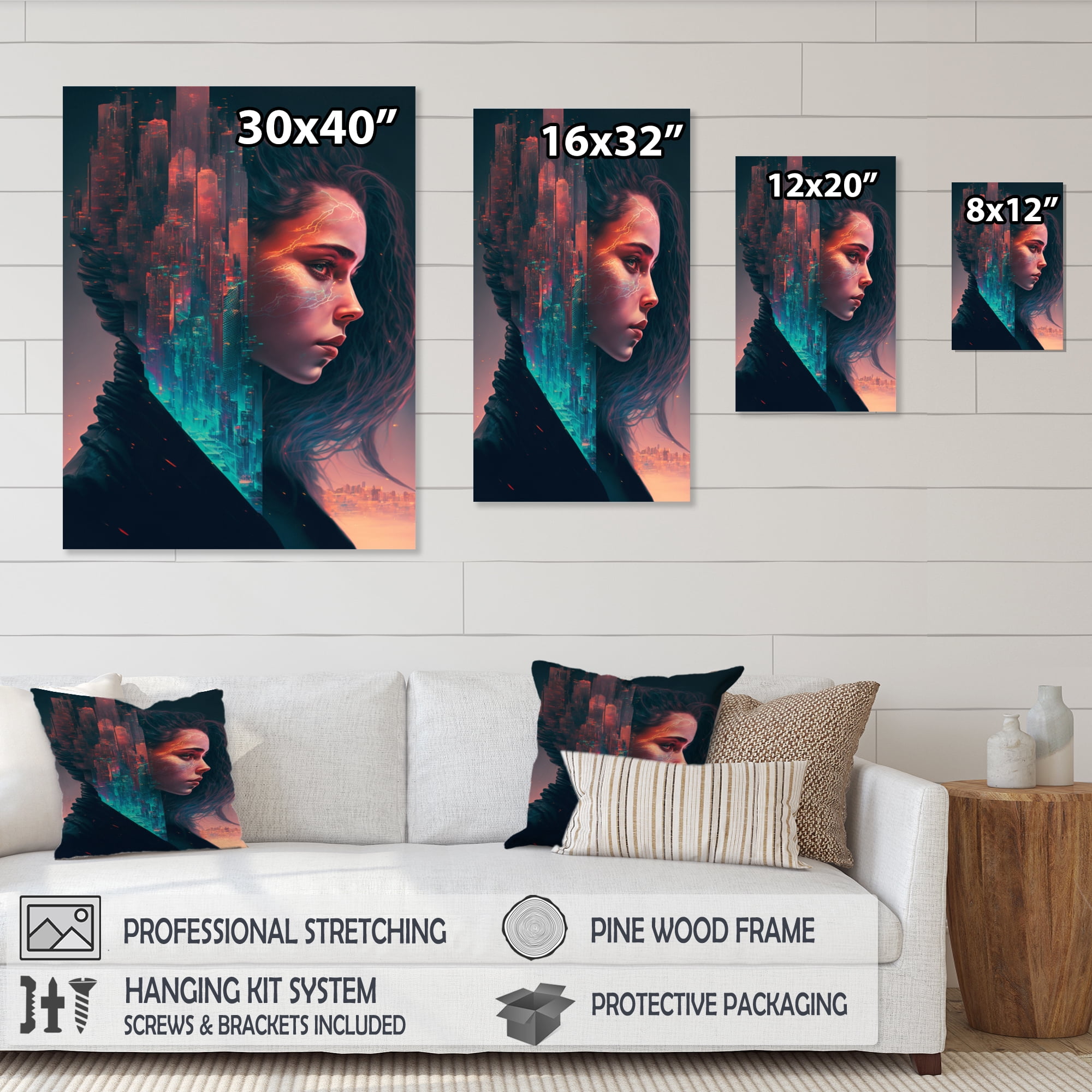 Designart Double Exposure Woman Future City II Canvas Wall Art