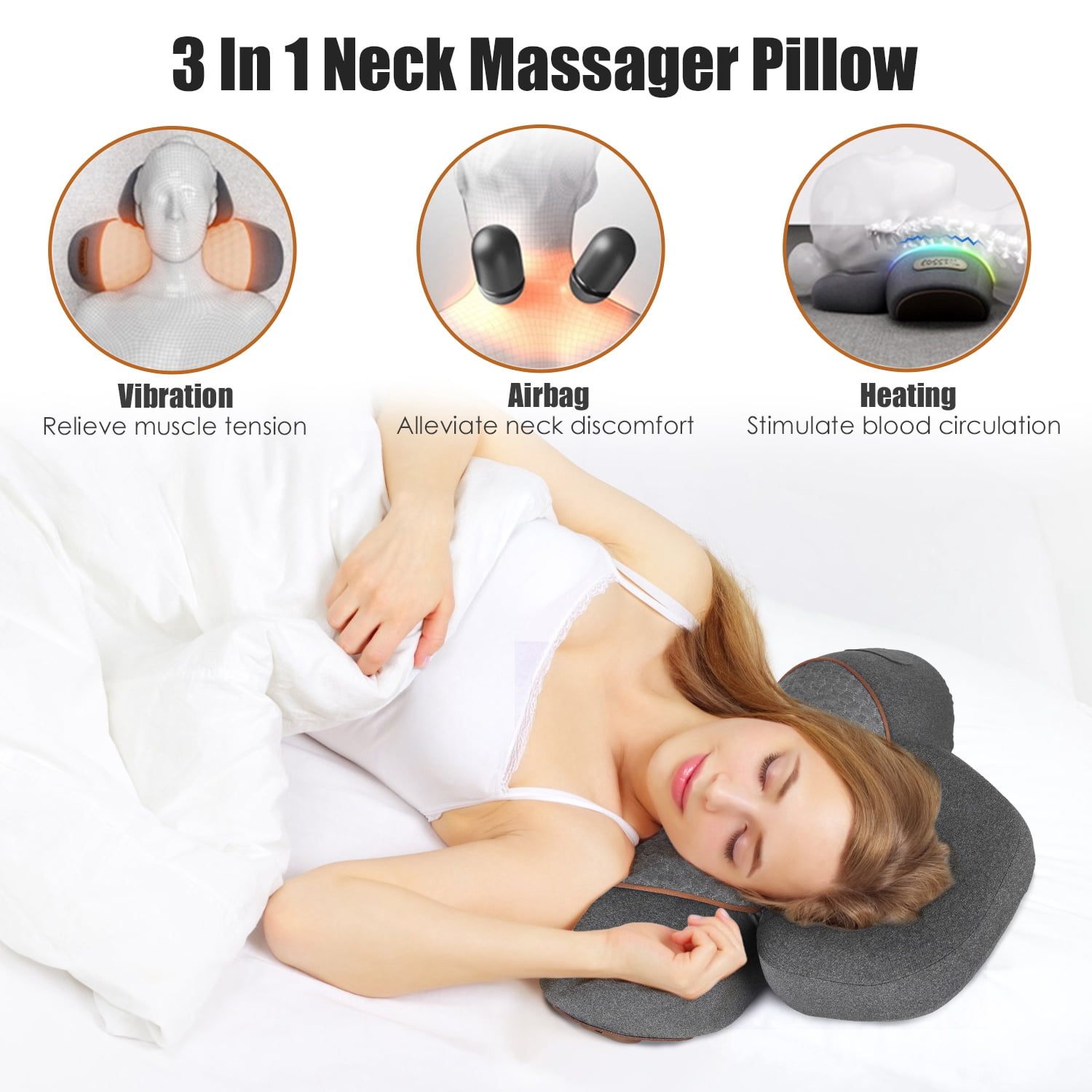 3-in-1 Neck Massager Pillow with Vibration, Airbag & Heating, Ergonomic Cervical Support for Pain Relief, Portable